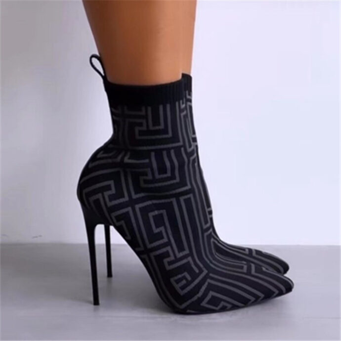 Fashion Ankle Boots Women Thigh High Heel Boots Pointed Toe Print Shoes - Image 4